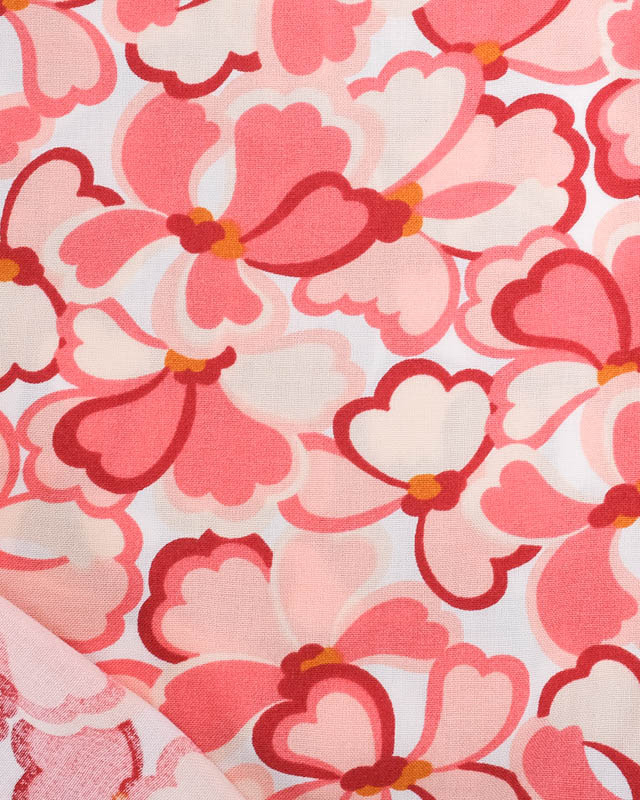 Viscose Française Blanche Motif Fleuri Sixties Rose - Mercerine