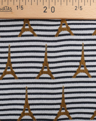 Tissu Jacquard à Rayures Bleu Marine Motif Tour Eiffel Ocre Lurex - Mercerine