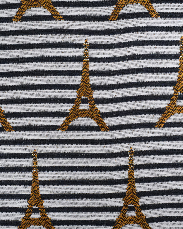 Tissu Jacquard à Rayures Bleu Marine Motif Tour Eiffel Ocre Lurex - Mercerine