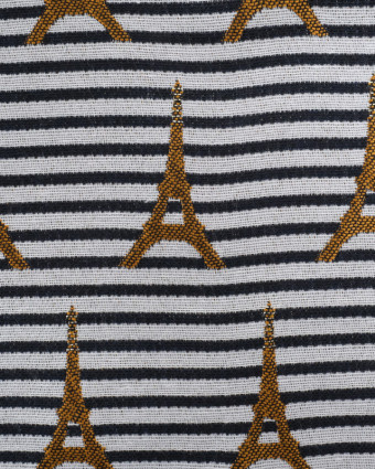 Tissu Jacquard à Rayures Bleu Marine Motif Tour Eiffel Ocre Lurex - Mercerine