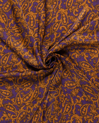 Tissu Satin Peau De Pêche Violet Motif Cachemire Ocre - Mercerine