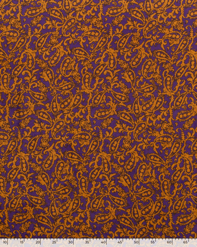 Tissu Satin Peau De Pêche Violet Motif Cachemire Ocre - Mercerine