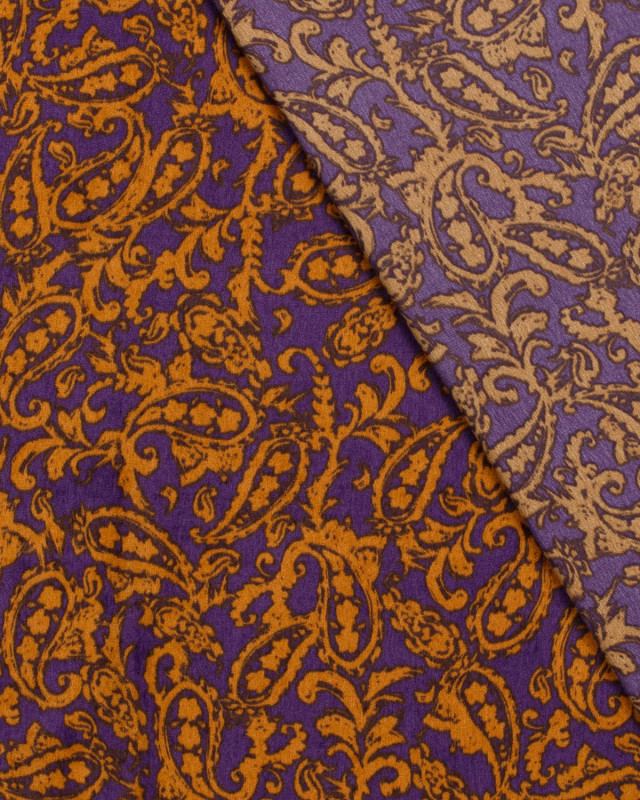 Tissu Satin Peau De Pêche Violet Motif Cachemire Ocre - Mercerine