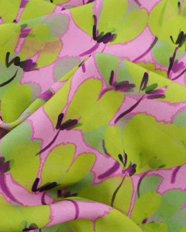 Tissu Viscose Mauve Motif Floral Vert - Mercerine