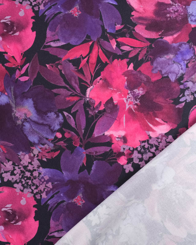 Tissu Viscose Stretch Motif Floral Rose et Violet - Mercerine