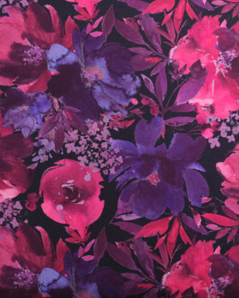 Tissu Viscose Stretch Motif Floral Rose et Violet - Mercerine