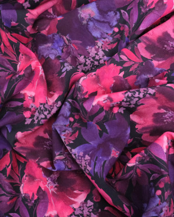 Tissu Viscose Stretch Motif Floral Rose et Violet - Mercerine