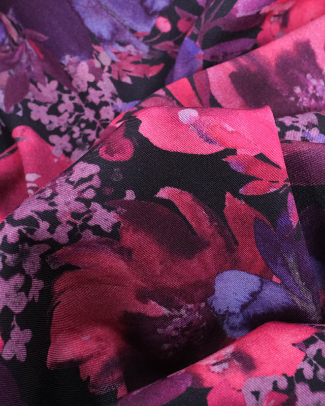 Tissu Viscose Stretch Motif Floral Rose et Violet - Mercerine