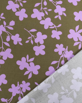 Tissu Viscose Stretch Kaki Motif Fleuri Mauve - Mercerine