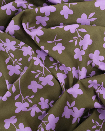 Tissu Viscose Stretch Kaki Motif Fleuri Mauve - Mercerine