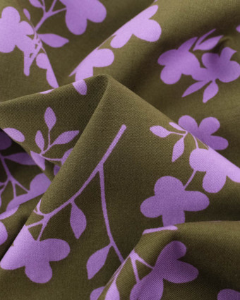 Tissu Viscose Stretch Kaki Motif Fleuri Mauve - Mercerine