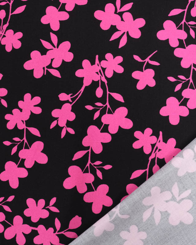 Tissu Viscose Stretch Noir Motif Fleuri Rose - Mercerine