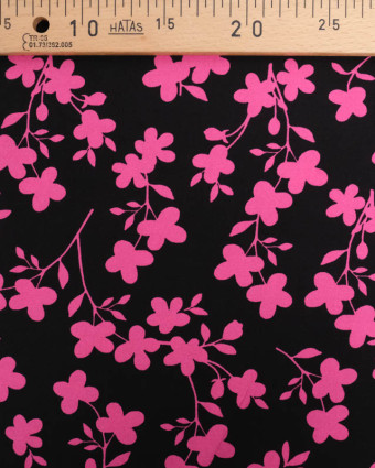 Tissu Viscose Stretch Noir Motif Fleuri Rose - Mercerine