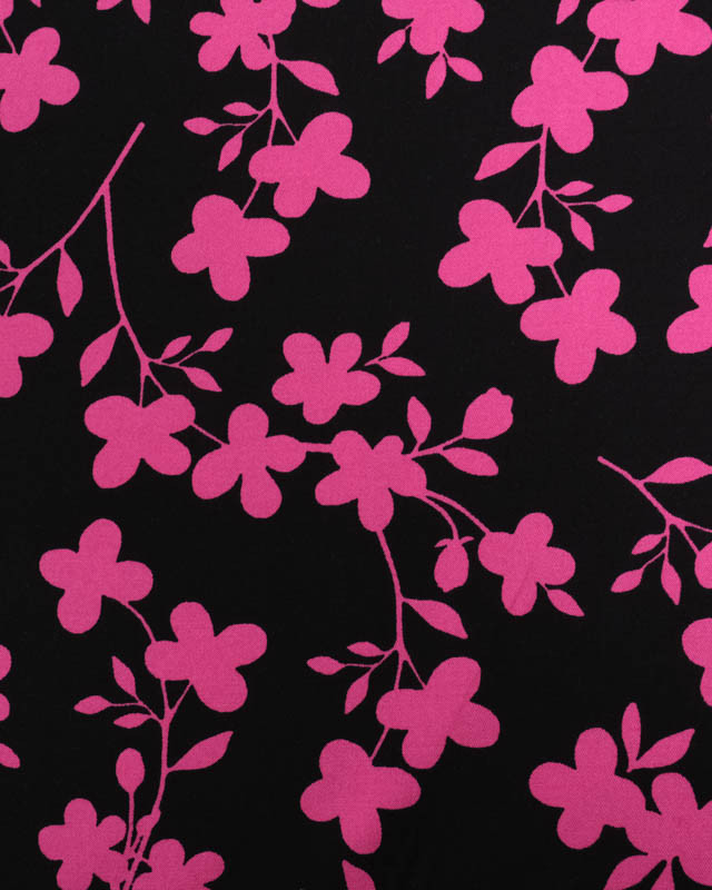 Tissu Viscose Stretch Noir Motif Fleuri Rose - Mercerine