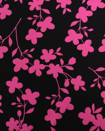 Tissu Viscose Stretch Noir Motif Fleuri Rose - Mercerine