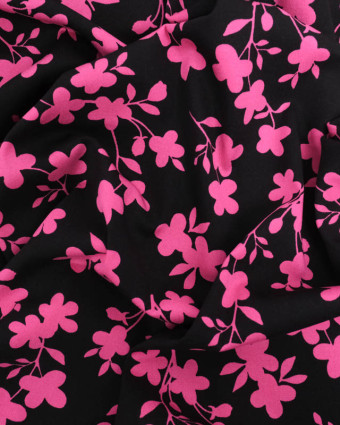 Tissu Viscose Stretch Noir Motif Fleuri Rose - Mercerine