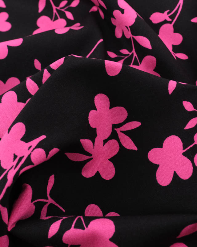 Tissu Viscose Stretch Noir Motif Fleuri Rose - Mercerine