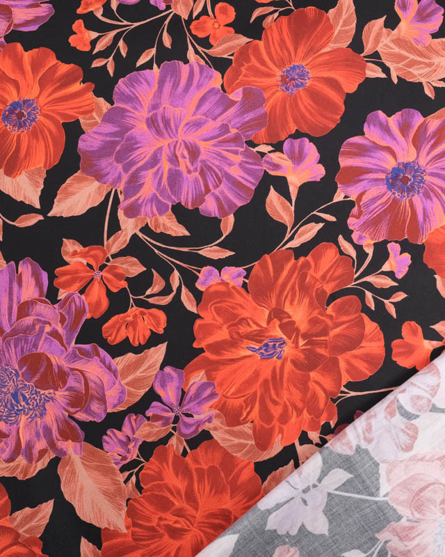 Satin De Coton Noir Motif Digital Fleuri Mauve et Orange - Oeko-Tex - Mercerine