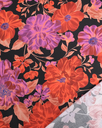 Satin De Coton Noir Motif Digital Fleuri Mauve et Orange - Oeko-Tex - Mercerine