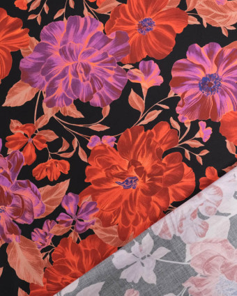 Satin De Coton Noir Motif Digital Fleuri Mauve et Orange - Oeko-Tex - Mercerine