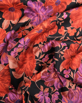 Satin De Coton Noir Motif Digital Fleuri Mauve et Orange - Oeko-Tex - Mercerine