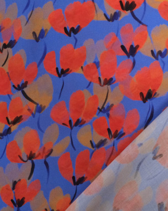 Tissu Viscose Bleu Motif Floral Rouge - Mercerine