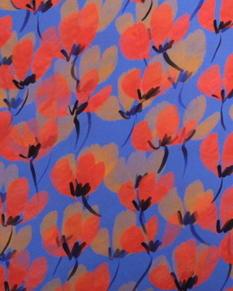 Tissu Viscose Bleu Motif Floral Rouge - Mercerine