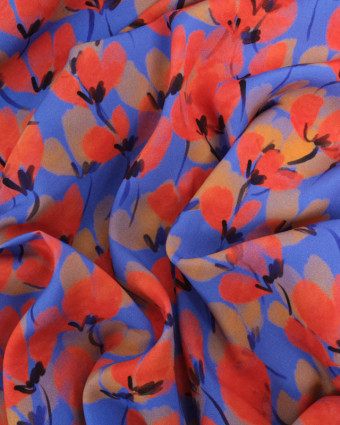 Tissu Viscose Bleu Motif Floral Rouge - Mercerine