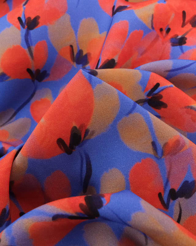 Tissu Viscose Bleu Motif Floral Rouge - Mercerine