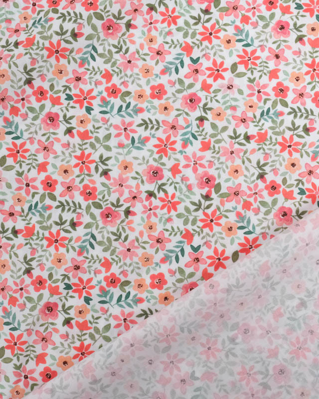 Tissu Coton Blanc Petites Fleurs Roses - Poppy Design - Mercerine