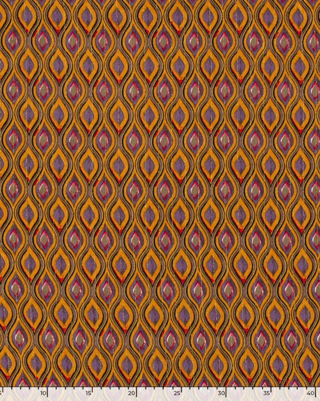 Viscose Motif Ethnique Ocre et Violet Rayures Lurex Dorées - Mercerine