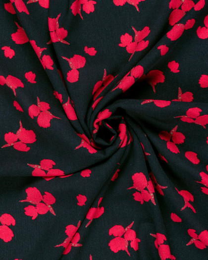 Crêpe de Viscose Bleu Nuit Motif Fleuri Rouge - Mercerine