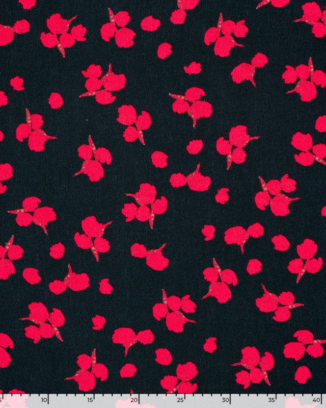 Crêpe de Viscose Bleu Nuit Motif Fleuri Rouge - Mercerine