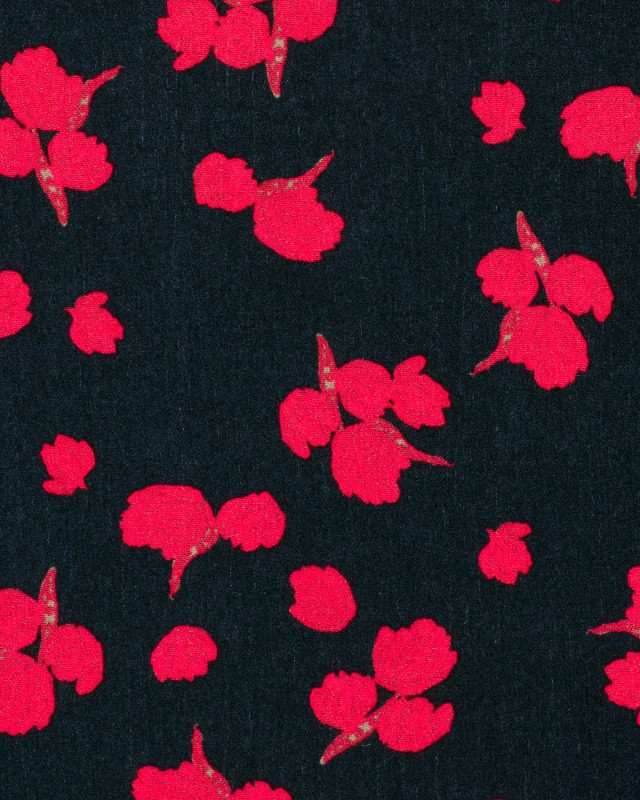 Crêpe de Viscose Bleu Nuit Motif Fleuri Rouge - Mercerine