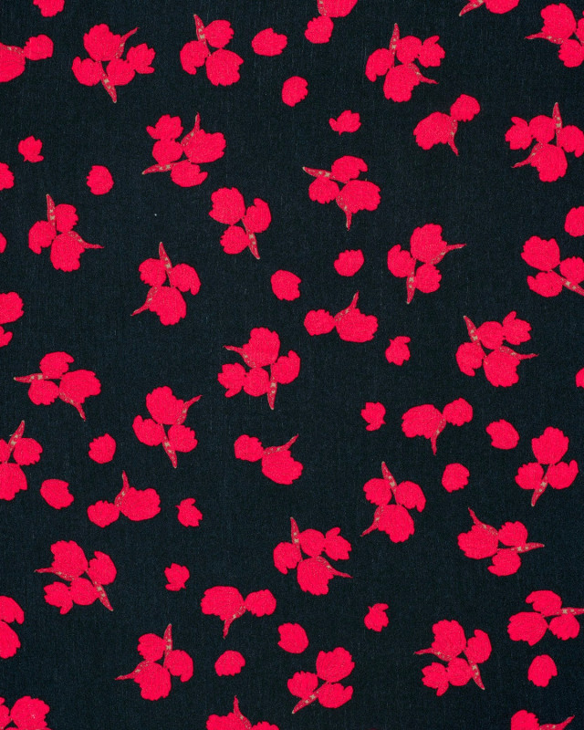 Crêpe de Viscose Bleu Nuit Motif Fleuri Rouge - Mercerine