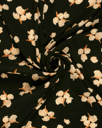 Crêpe de Viscose Noir Motif Fleuri Caramel - Mercerine