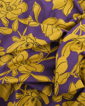 Tissu Viscose Violet Motif Fleuri Moutarde - Mercerine