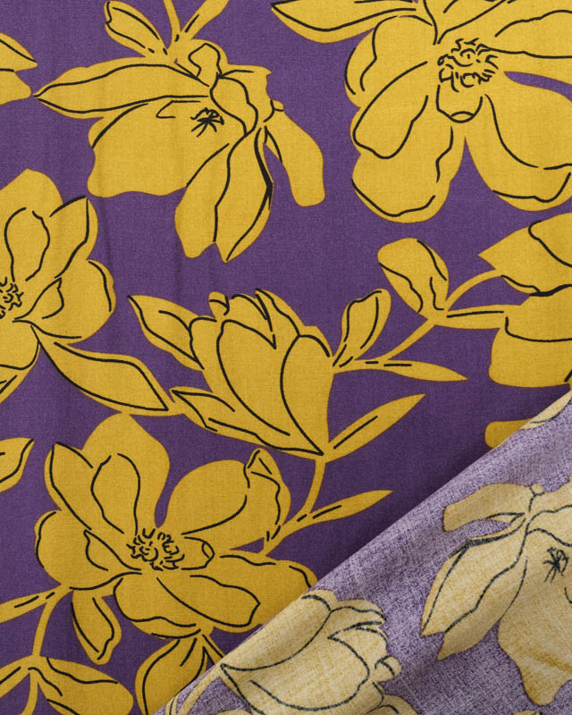 Tissu Viscose Violet Motif Fleuri Moutarde - Mercerine