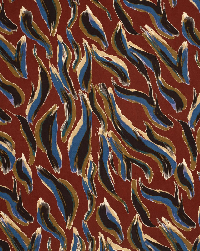 Popeline de Viscose Acajou Motif Abstrait Kaki et Bleu - Mercerine