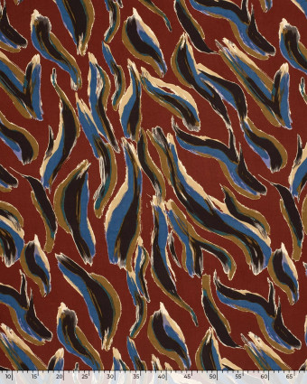 Popeline de Viscose Acajou Motif Abstrait Kaki et Bleu - Mercerine