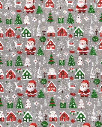 Tissu Coton Gris Motif Sapin et Père Noël - Mercerine