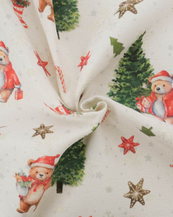 Tissu Jacquard Petit Ours de Noël Flocons de Neige Lurex - Mercerine