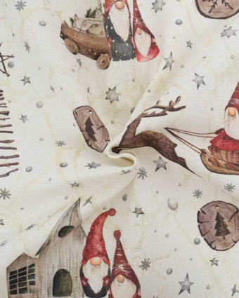 Tissu Jacquard Gnome de Noël Touche Lurex Doré - Mercerine