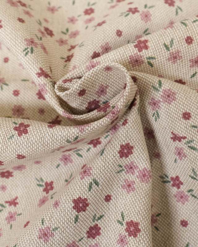 Tissu Effet Lin Motif Fleuri Rose -Mercerine