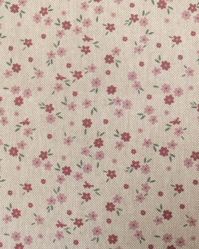 Tissu Effet Lin Motif Fleuri Rose -Mercerine