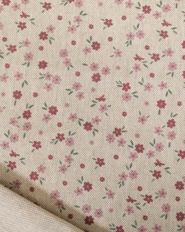 Tissu Effet Lin Motif Fleuri Rose -Mercerine