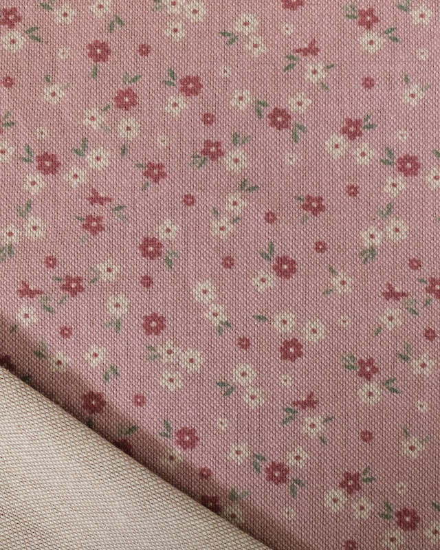 Tissu Effet Lin Rose Motif Fleuri - Mercerine