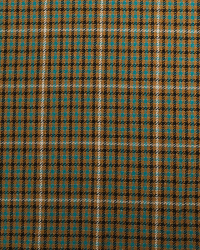 Tissu Stretch Ocre Petit Carreaux Bleu Vert Fines Rayures Dorées  - Mercerine