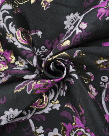 Jacquard Noir Motif Floral Mauve et Doré - Mercerine