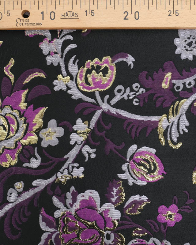 Jacquard Noir Motif Floral Mauve et Doré  - Mercerine